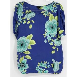 Nue Options Womens Blue Floral Split Sleeve Scoop Neck Blouse Top Sz S